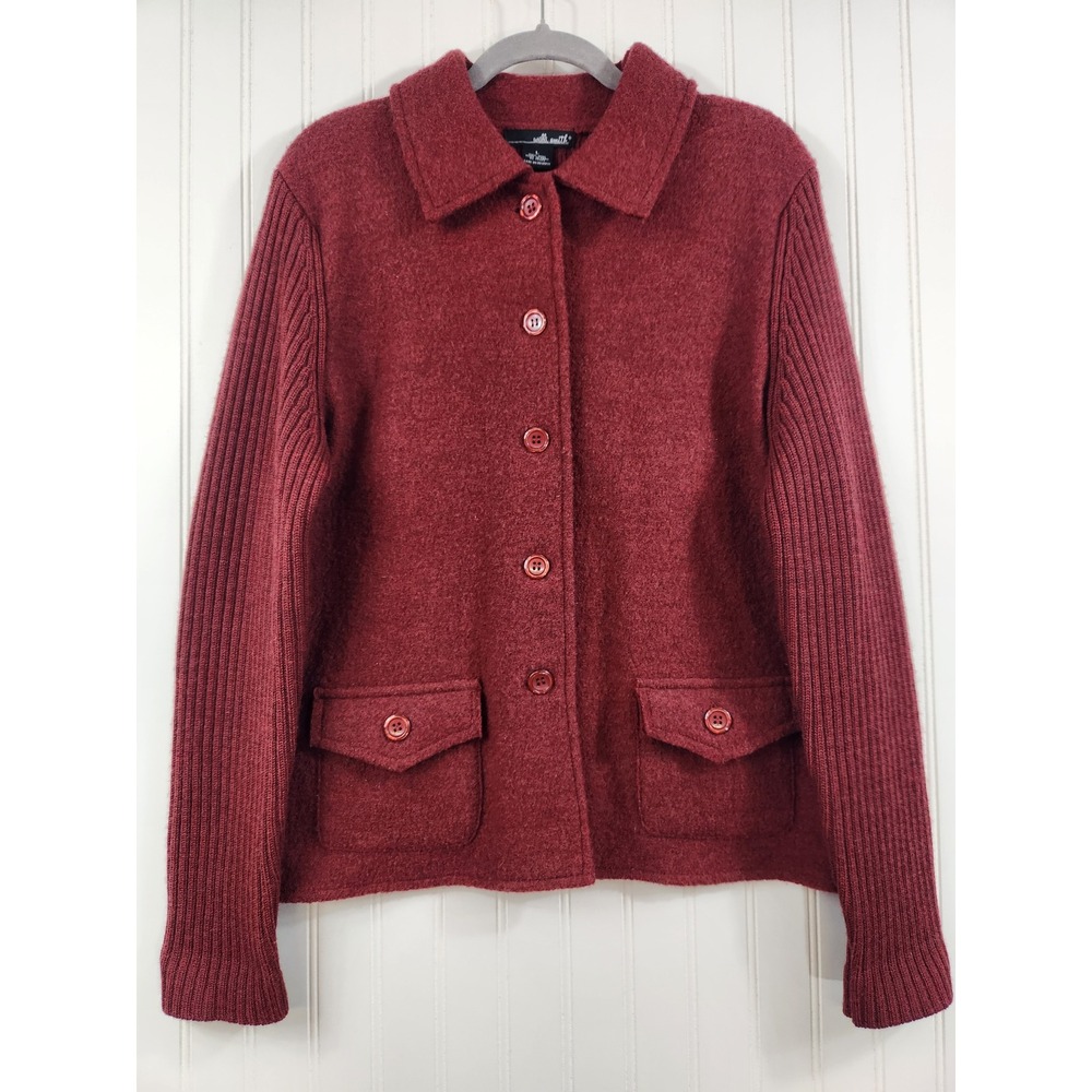 Willi Smith Burgundy 100% Wool Button Front Ribbed Sleeve Cardigan Jacket Large